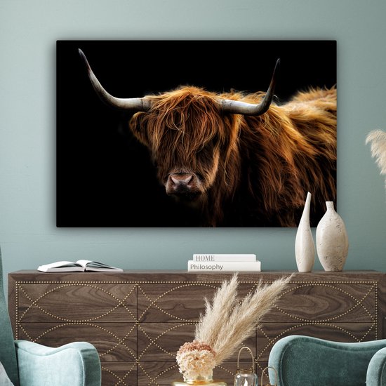 Canvas schilderij - Schotse hooglander 120x80 - Kamer decoratie accessoires - Zwarte schilderijen woonkamer dieren - Wanddecoratie koe slaapkamer - Muurdecoratie keuken zwart - Wanddoek interieur - Woondecoratie huis - Woonaccessoires