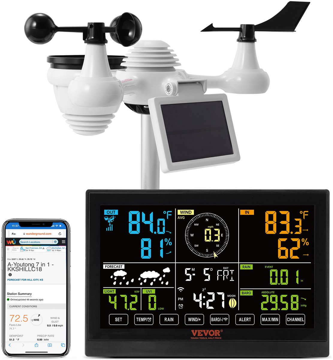 VEVOR professioneel wifi-weerstation 7-in-1 weercentrum op zonne-energie 19cm (7,5-inch) display 150 m zendbereik Buitensensor voor windsnelheid, windrichting, temperatuur, luchtvochtigheid, neerslag