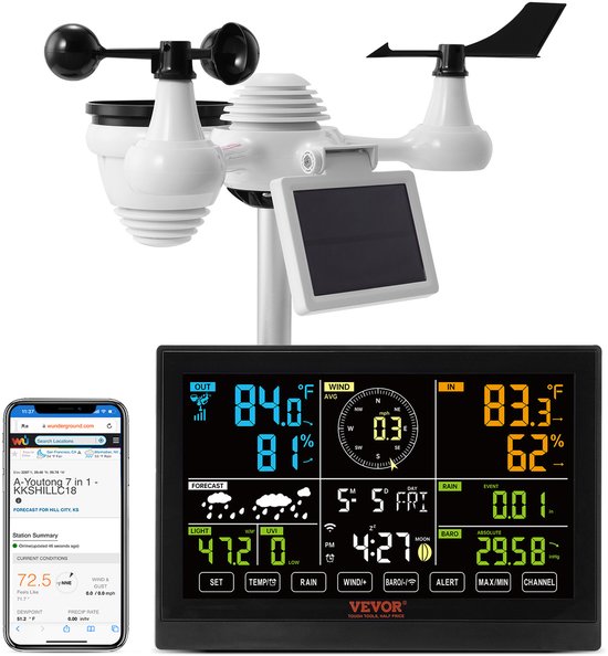 VEVOR professioneel wifi-weerstation 7-in-1 weercentrum op zonne-energie 19cm (7,5-inch) display 150 m zendbereik Buitensensor voor windsnelheid, windrichting, temperatuur, luchtvochtigheid, neerslag