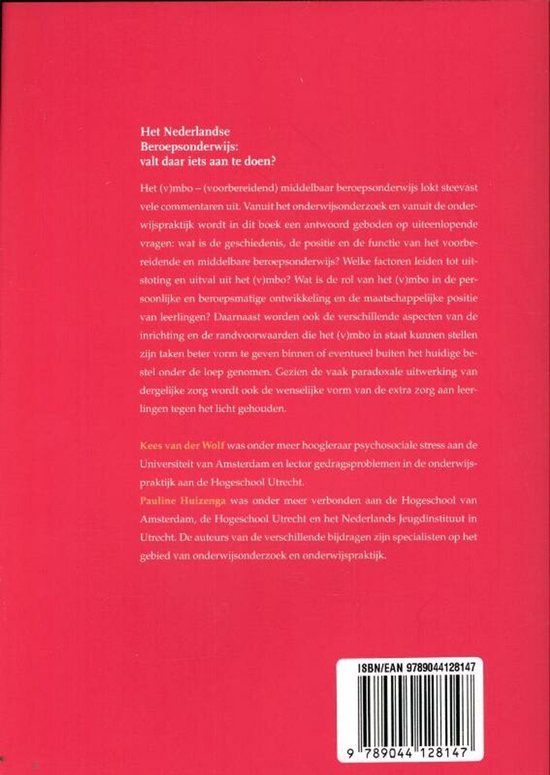Achterkant van een boek met informatie over Nederlands beroepsonderwijs en auteurs.