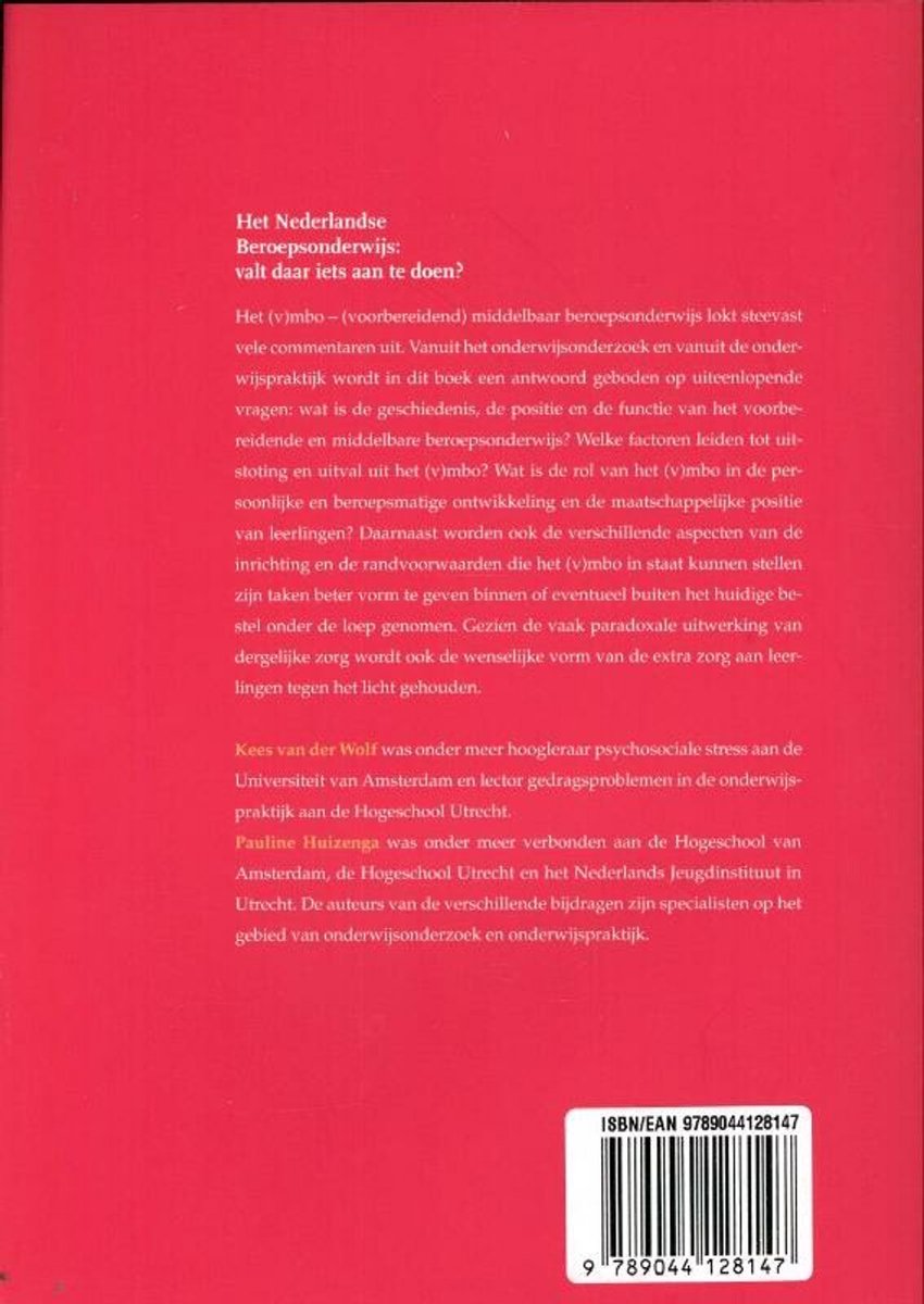 Achterkant van een boek met informatie over Nederlands beroepsonderwijs en auteurs.