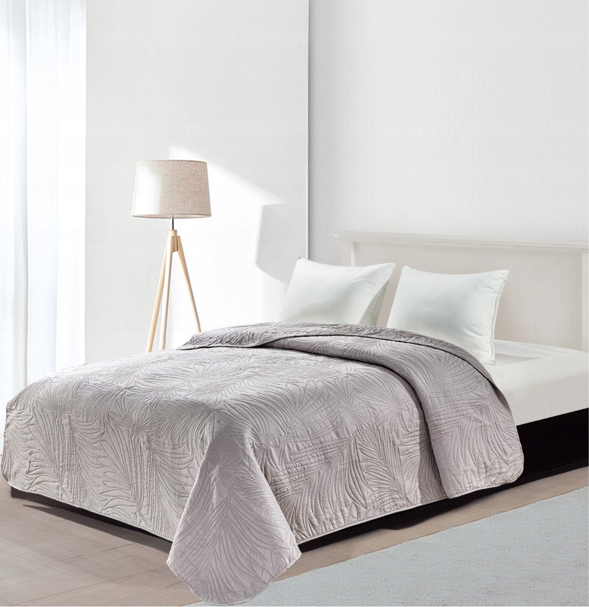 Grijze Gewatteerde Plaid 170x210cm met Tropische Bladmotieven