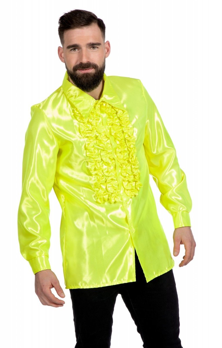 Ruchesblouse satijn neon geel - Maat 64