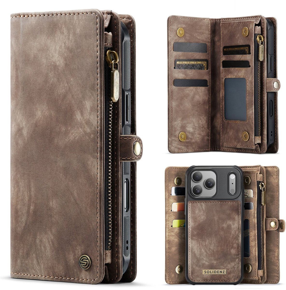 Solidenz Hoesje - Geschikt voor Apple iPhone 17 Pro - Urban Wallet - Bruin