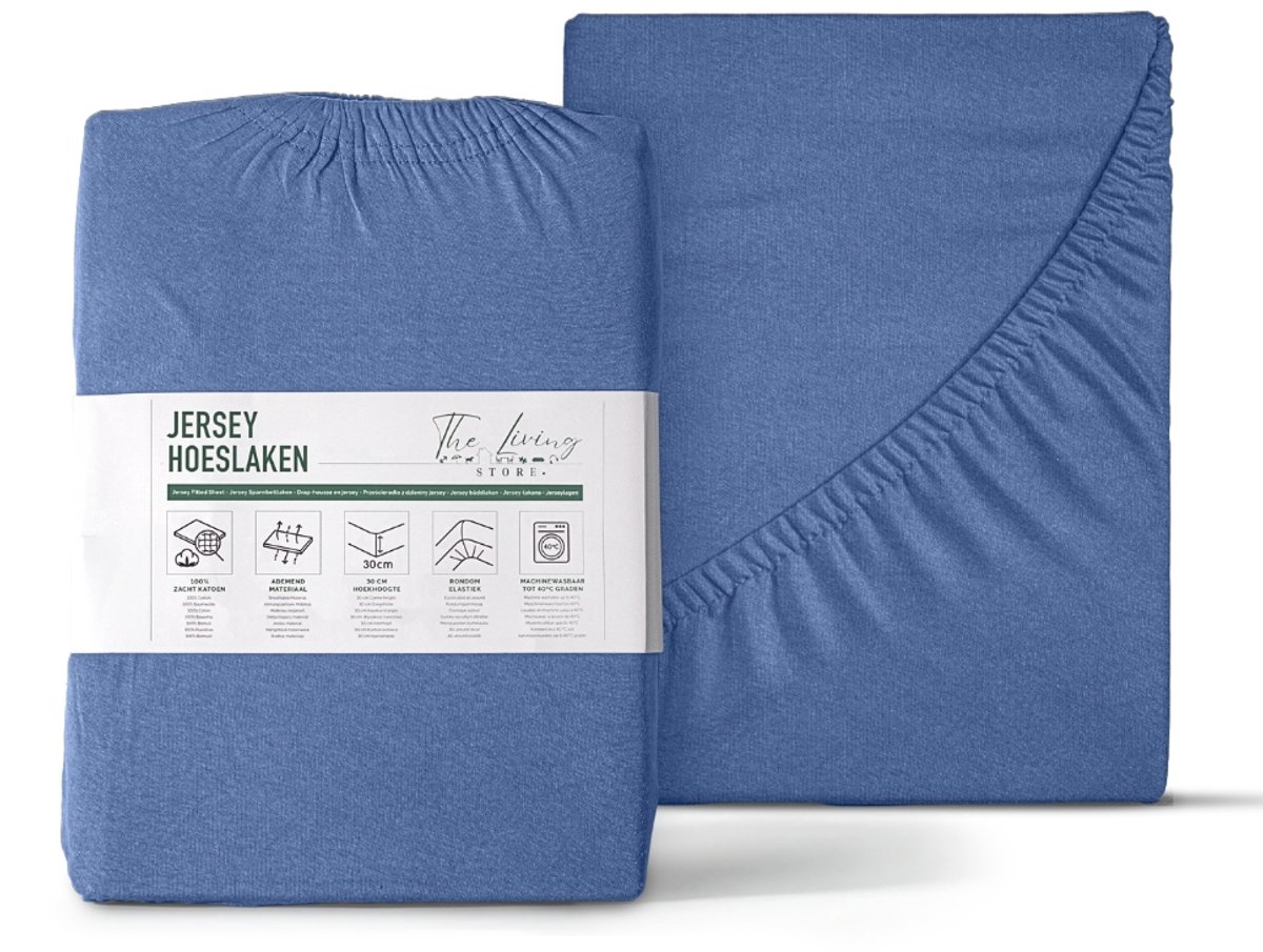 The Living Store - Katoenen Hoeslaken - Enkel Jersey - 80/90/100 x 200 cm - 100% katoen - Blauw - Eenpersoons - Hotelkwaliteit