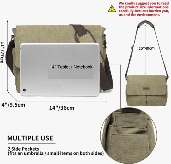 Bagwise® - Sac Bandoulière - Besace - Toile - Vintage -avec épaulette - 1305- Vert