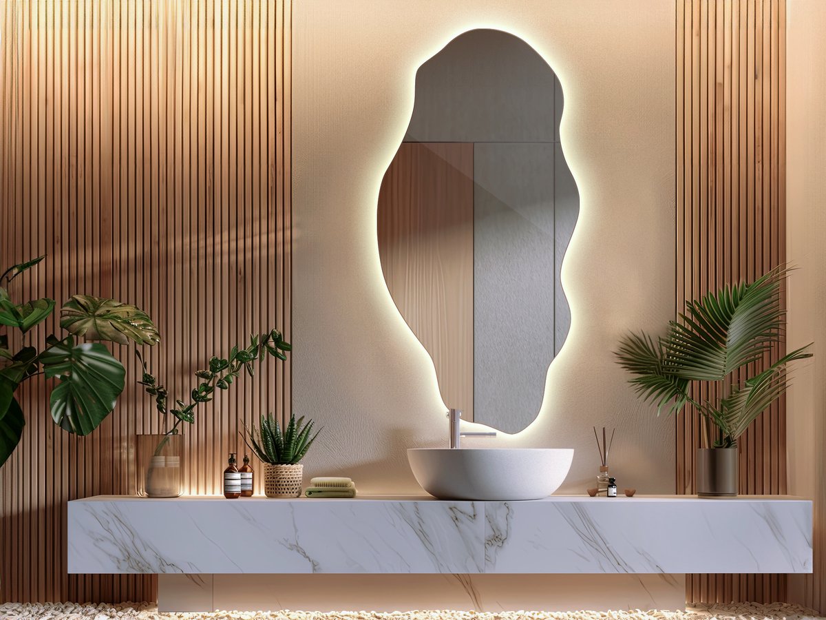 Coloray Asymmetrische Organische Spiegel LED - Groot Organische Wandspiegel LED - 50 cm x 100 cm - Organische Spiegel Hal - Decoratieve Spiegel - Neutraal licht - LED Organische Wandspiegel Groot Neutraal Wit