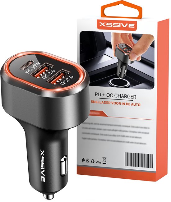 Xssive - Autolader 48W - 3 Poorten Snellader (1x USB-C 30W PD + 2x USB-A QC) - Auto Oplader 12V/24V - Sigarettenaansteker USB