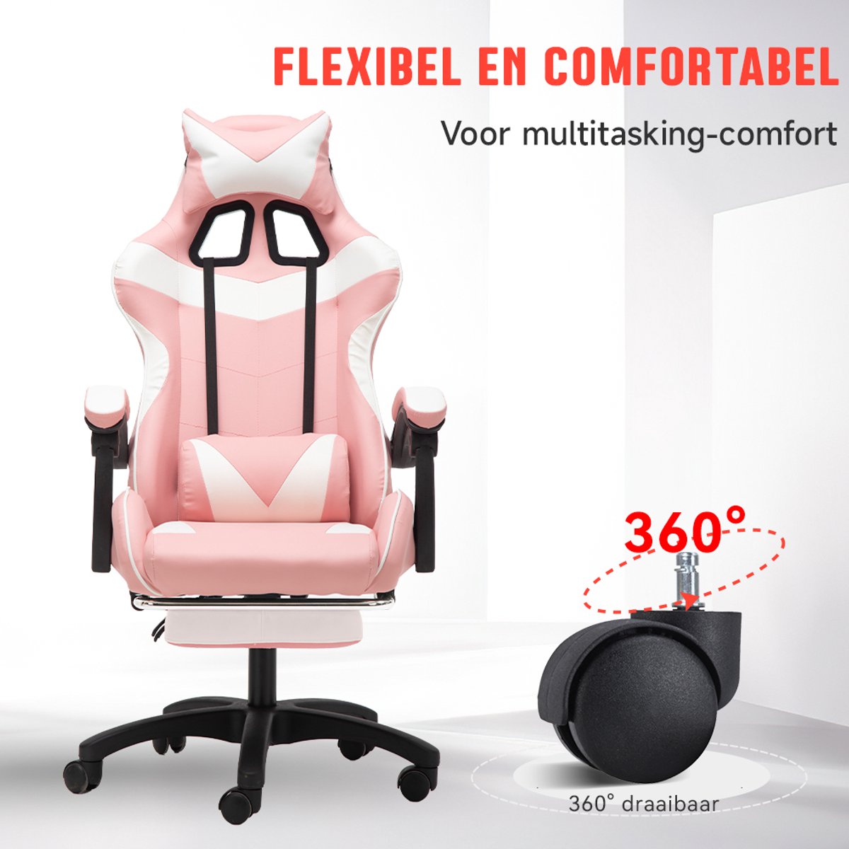GOTAGEE Ergonomische Gamingstoel Met Lendensteun Wit-Roze - afbeelding 3