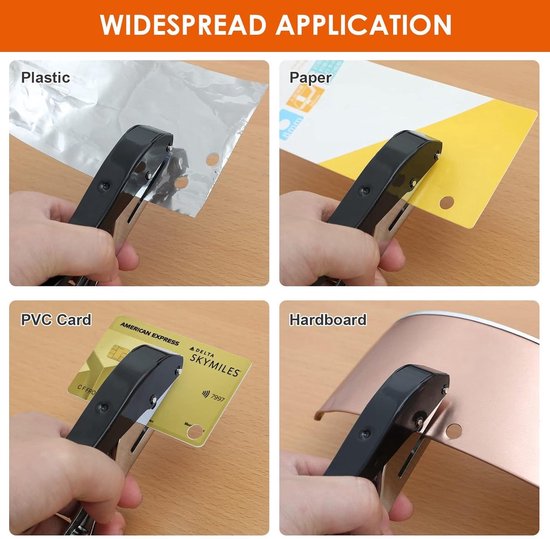 Demonstratie van perforator die door plastic, papier, PVC-kaart en karton slaat.