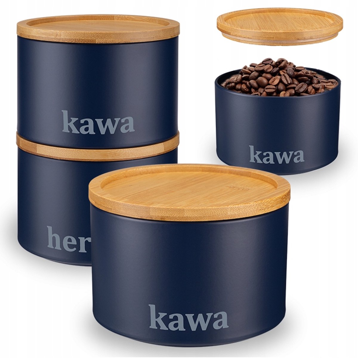 Metalen Koffiepot met Bamboe Deksel - KAWA - Marineblauw