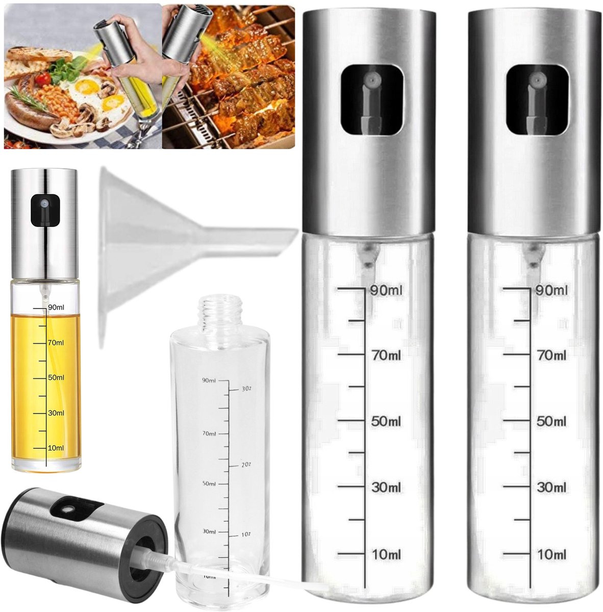 2x Olie Sprayfles 100ml met Trechter - Roestvrij Staal & Glas
