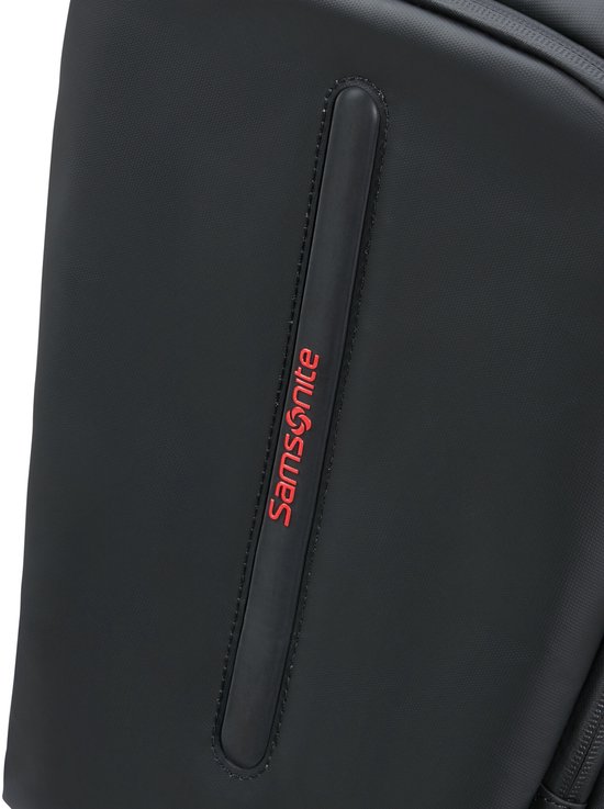 Zwart Samsonite logo op een verticale zwarte strook met rode stiksels.