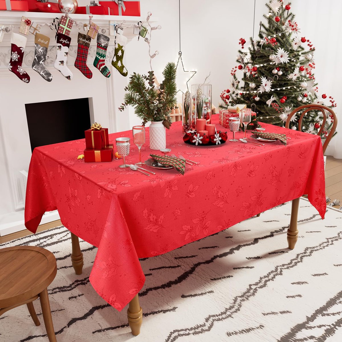 Ibenzoa® Afwasbaar rood kersttafelkleed met hulstbladeren en waterafstotende vlekbescherming