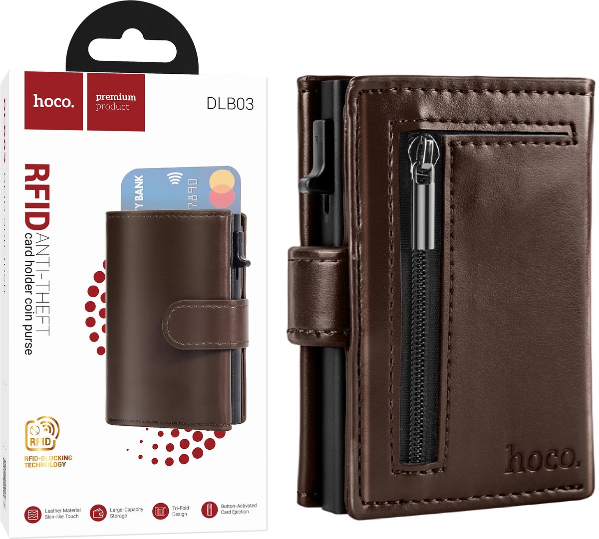 Hoco Pasjeshouder met Rits - Bruin - Uitschuifbaar Creditkaarthouder mannen & Vrouwen - Anti-theft Portemonnee met RFID - 10 Pasvakjes Pop up Wallet met Brief- en Muntgeld Vakken