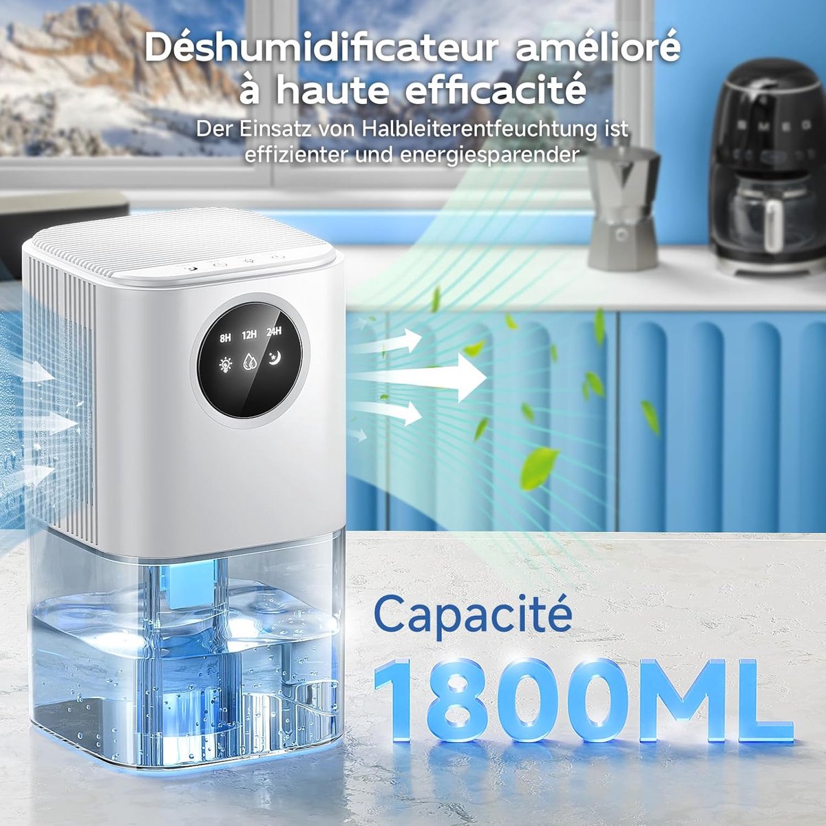 Luchtontvochtigers - 1800ML Luchtontvochtiger, Ultra-Stille Elektrische Ontvochtiger (≤38 dB), 7 LED-tactiele sfeer, Automatisch Uitschakelen, Draagbare Apparatuur met Timer voor Kleedkamer, Badkamer, Slaapkamer thumbnail 2