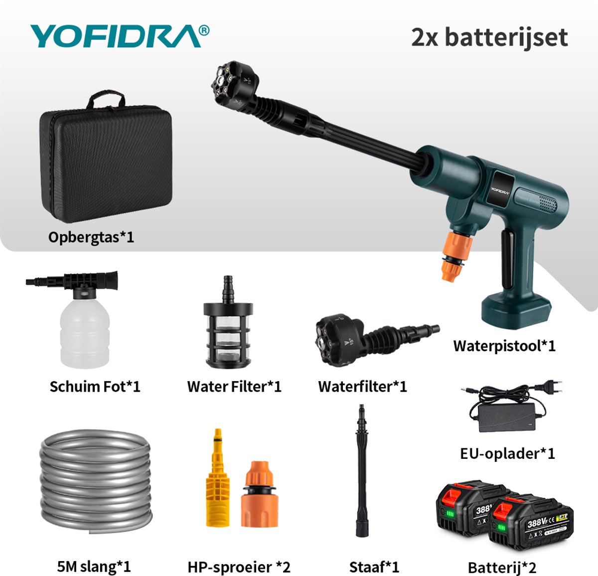 YOFIDRA Accu-hogedrukreiniger, 18 V, 200 bar, draagbare hogedrukreiniger, 5-in-1 multisproeier, met 2 x 3,0 Ah accu en oplader, voor auto's, ramen, gazon, tuinen, zwembaden