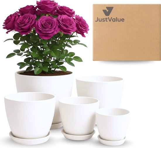 Set de 5 pots de fleurs JustValue - Avec soucoupe - Avec trous de drainage - Plastique - Rond - Intérieur/Extérieur - Plantes de balcon - Plantes d'intérieur - Wit - Ø 12,2-18 Cm