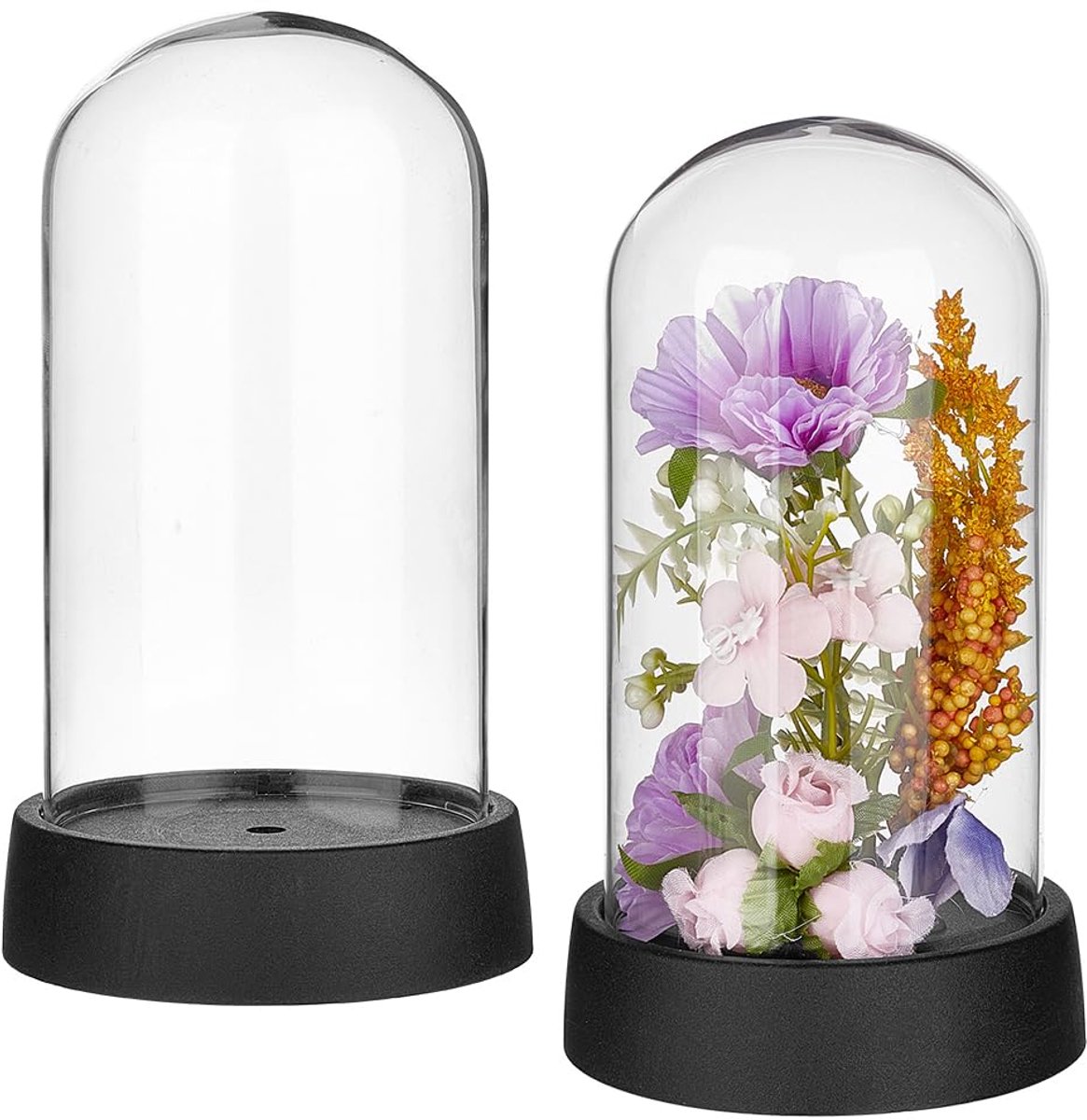 2 Stuks Display Koepel - Glazen Cloche 13,2 x 6,95 cm met PET-Basis voor Bloemen en Decoraties