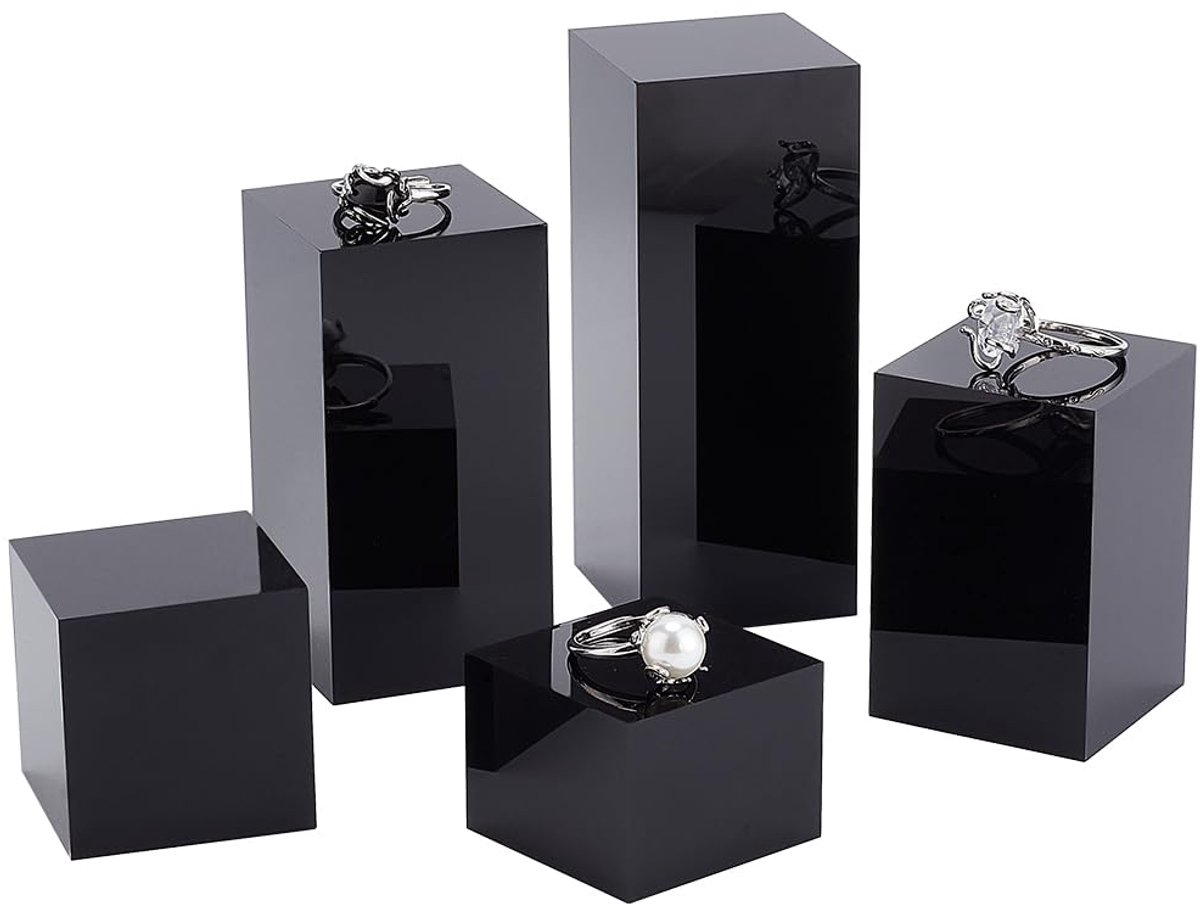 Acryl Display Blokken 5Pcs Zwart 3/4/6/8/10Cm, Massief Meerzijdig Voetstuk voor Sieraden en Verzamelaars
