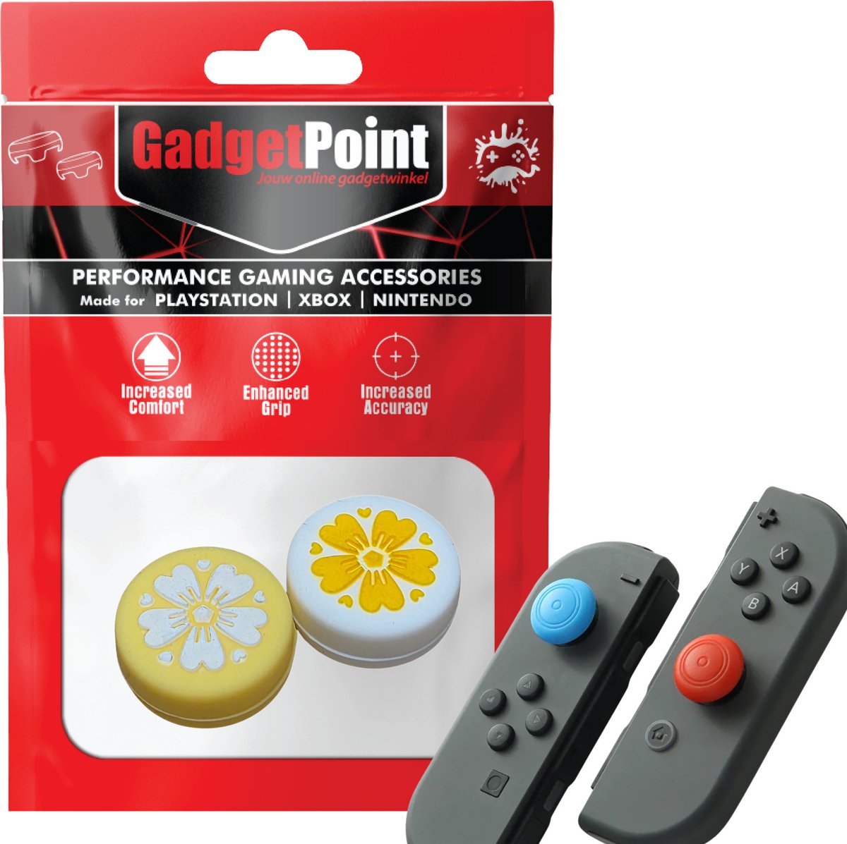 Gadgetpoint | Gaming Thumb Grips | Performance Thumbsticks | Accessoires geschikt voor Nintendo Switch Joy-Con Controller(s) | Thumbgrips | Bloemetjes - Geel/Wit