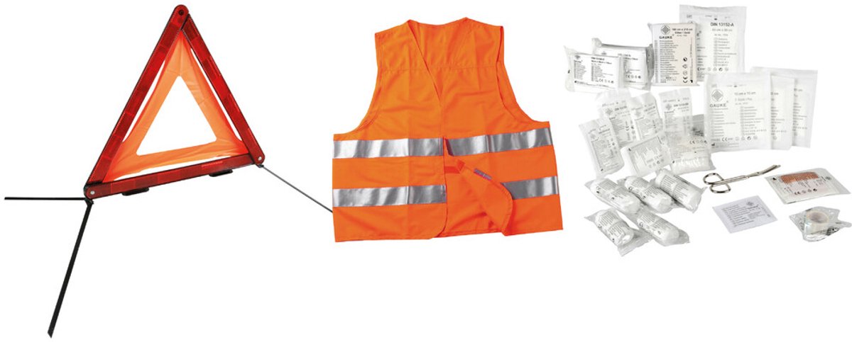 Auto Combi Set 3 in 1 - Veiligheid en EHBO Kit - Gevarendriehoek - Veiligheidsvest - Verbandtrommel