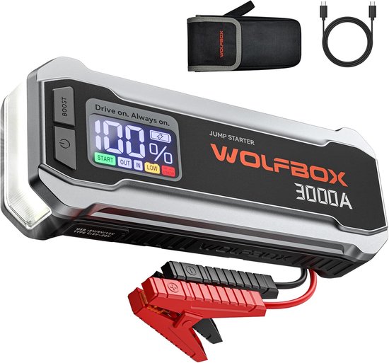 WOLFBOX 3000A Jump Starter Power Pack, 12V Auto-Accu Booster Jump Starter met 16000mAh Batterij Booster Pack (8L Gas 6L Diesel Engine) met LED-licht, Jump Pack, Startkabels