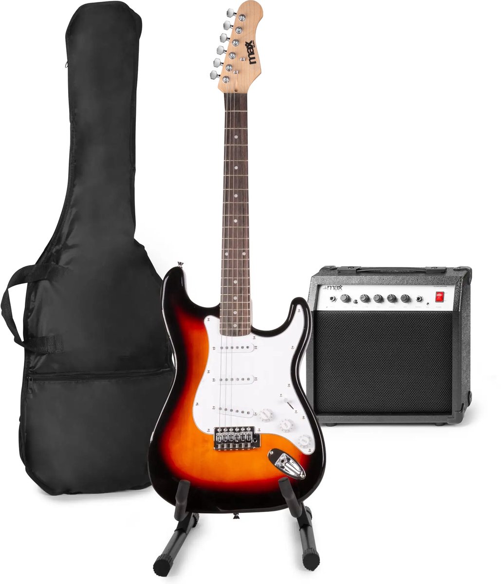 Elektrische gitaar met gitaar versterker - MAX Gigkit - Perfect voor beginners - incl. gitaar standaard gitaar stemapparaat gitaartas en plectrum - Sunburst