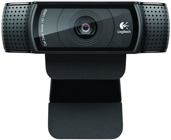 Webcam Logitech C920 noire avec objectif Carl Zeiss Tessar HD 1080p et deux microphones.