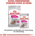 Verpakking Royal Canin Exigent Mini en een kleinere verpakking natvoer, met foto van een langharige hond.