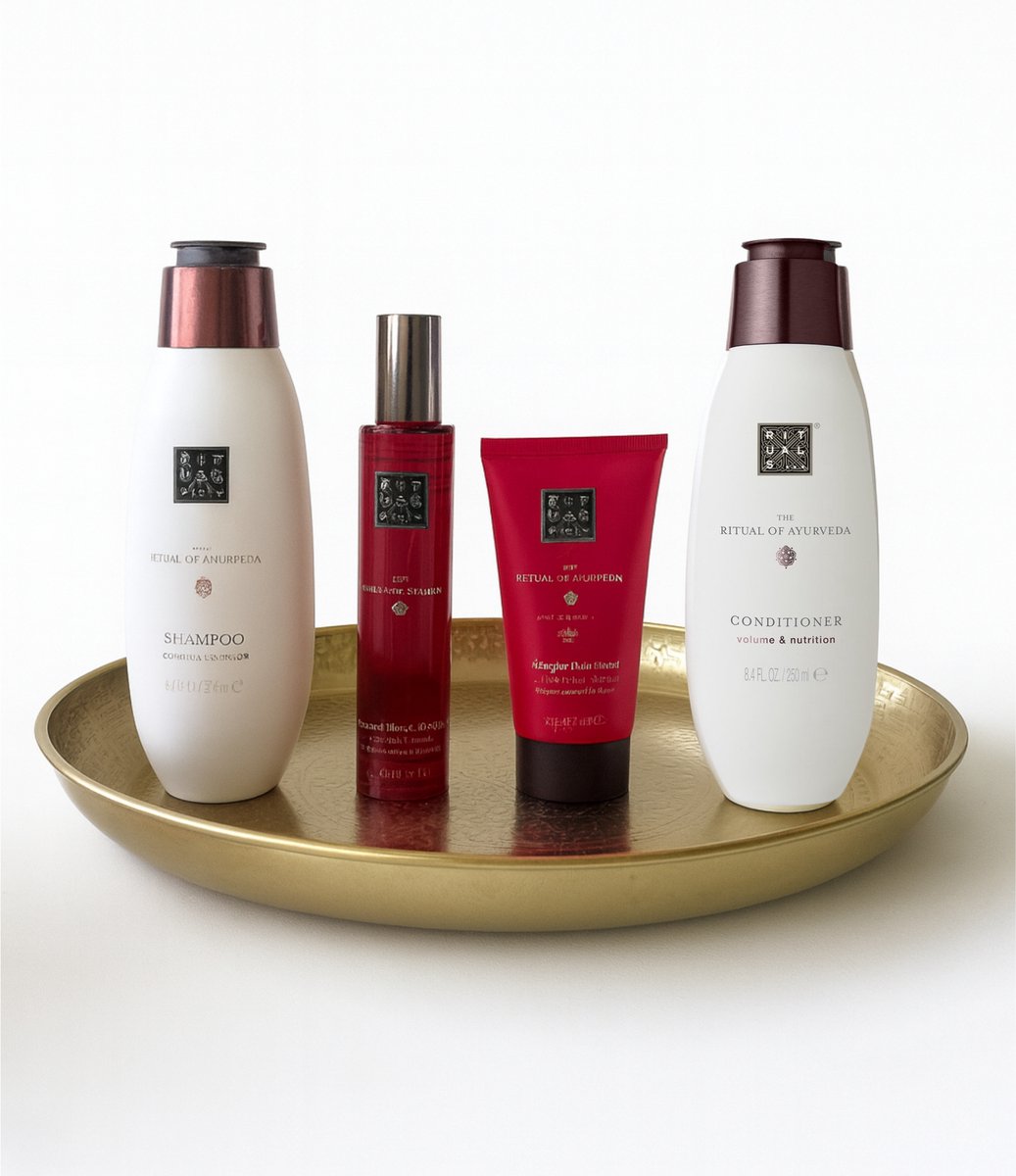 Rituals - Ayurveda - Luxury Set - Shampoo 250 ml + Conditioner 250 ml + Hair&Body Mist 50 ml + Body Cream 70 ml + Luxe Gouden Rond Decoratieve Dienblad