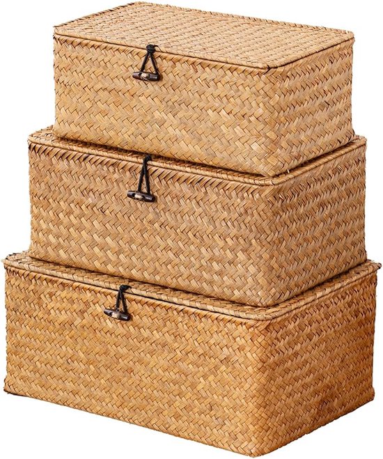 Vitdipy - Panier de rangement en osier tressé - 3 pièces - Avec couvercle - Rotin - Organisateur d'armoire - Opbergbox - Boîte de rangement - Pour salle de bain, salon ou cuisine (S / M / L)