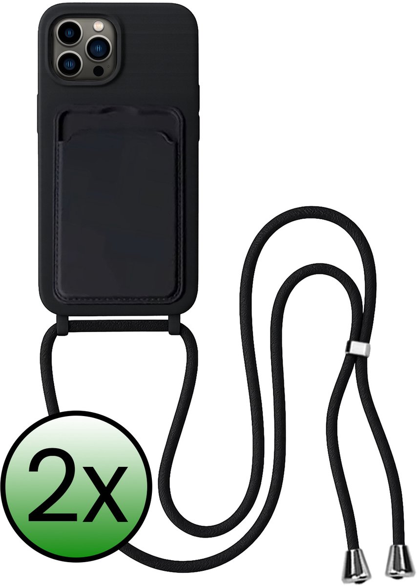 Hoes Geschikt voor iPhone 13 Pro Max Hoesje Pas Houder Case Hoes Met Koord - Hoesje Geschikt voor iPhone 13 Pro Max Hoes Met Telefoonkoord Pasjeshouder Cover - Zwart - 2 Stuks