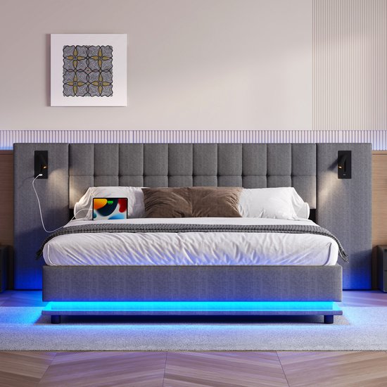Bed 90x200 Cm Met Opbergruimte, USB, RGB LED En Hydrauliek, In Beige Linnen, Houten Frame 208x97x112 Cm