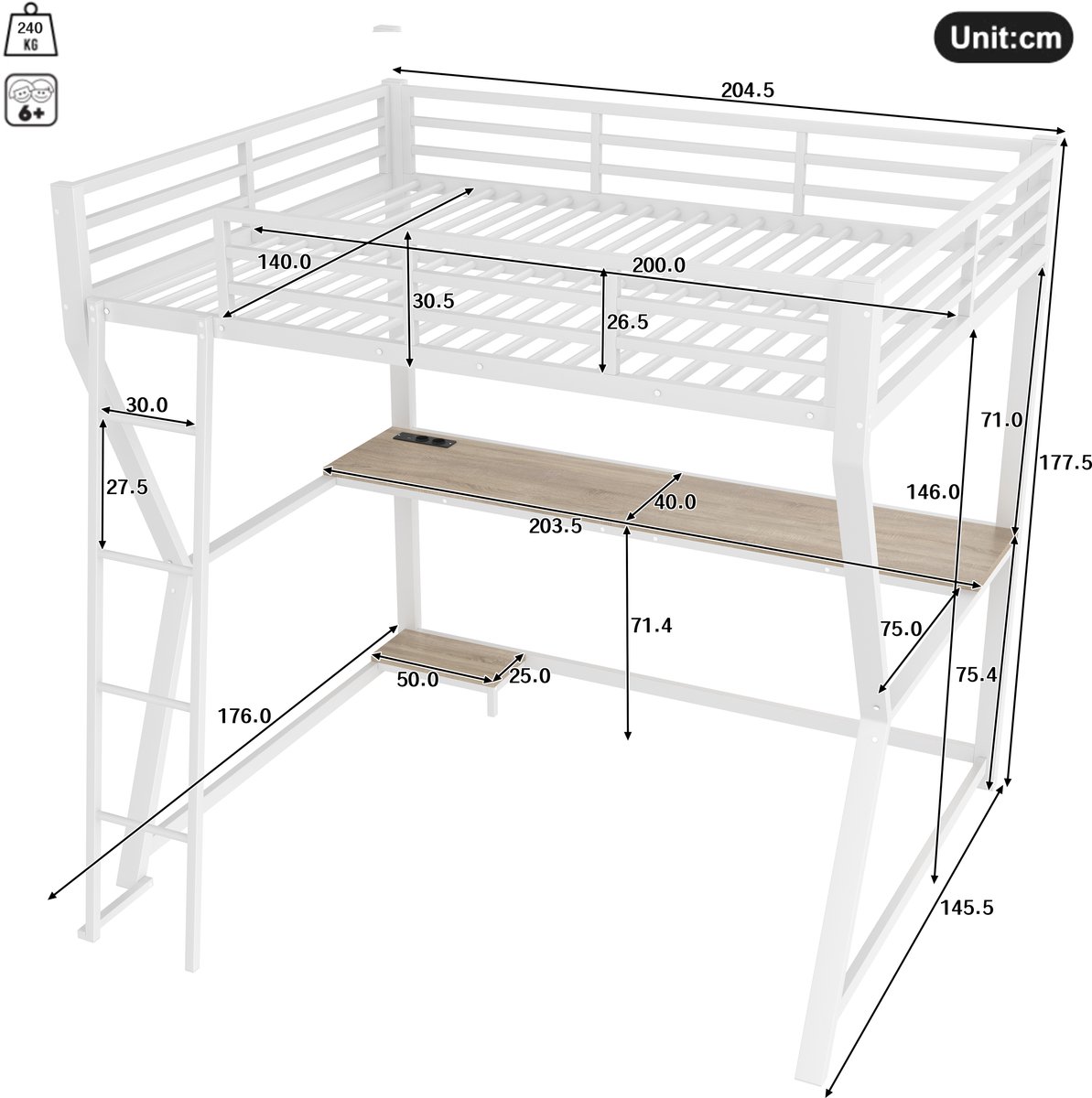 Merax Hoogslaper 140x200 cm - met LED-verlichting - standaard voor computerconsole - bureau - USB-aansluiting - zonder matras - wit