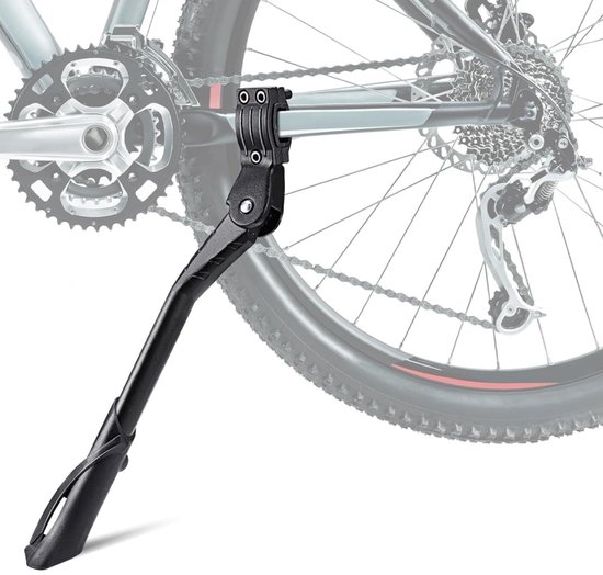 Béquille de vélo noire avec un bras à ressort, fixée au cadre arrière d'un vélo, près de la roue arrière et des pignons.
