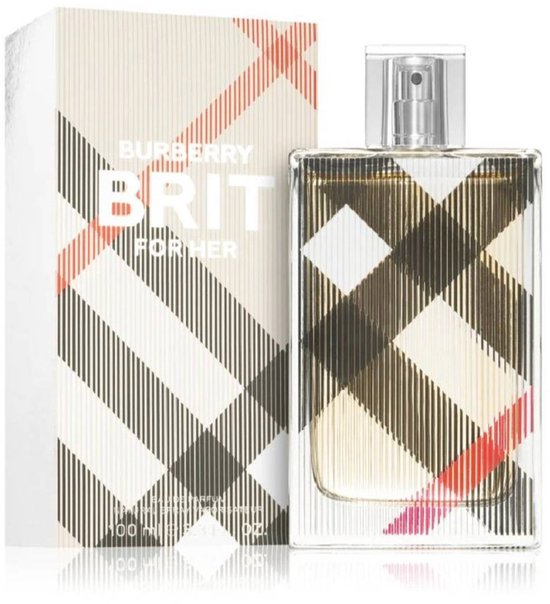 Fles met Burberry Brit for Her parfum en bijbehorende doos met iconisch ruitpatroon in beige, zwart, wit en rood.