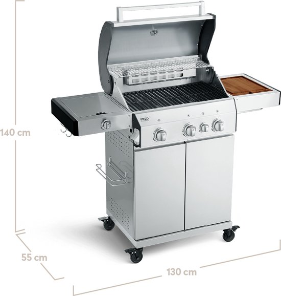 Roestvrijstalen gasbarbecue met open deuren, 140 cm hoog, 55 cm diep en 130 cm breed.