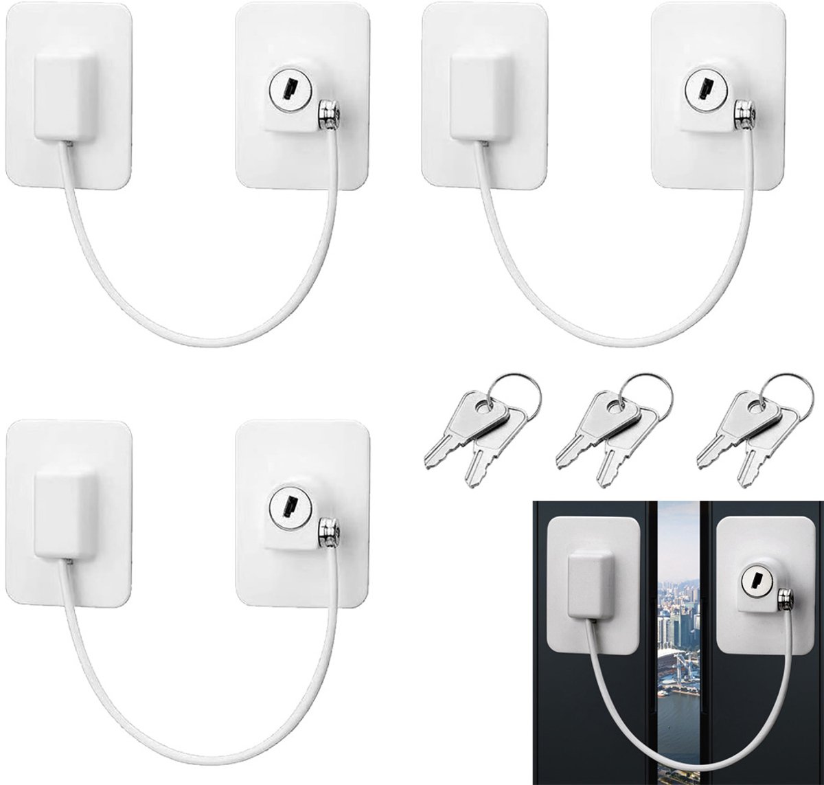 Image of 3 stuks Raambegrenzer - Koelkastslot - Raamslot - Minikoelkastslot - Raambeveiliging - Kinderslot - Voor kasten, kasten, laden, ramen en meer - Met sleutel - Wit