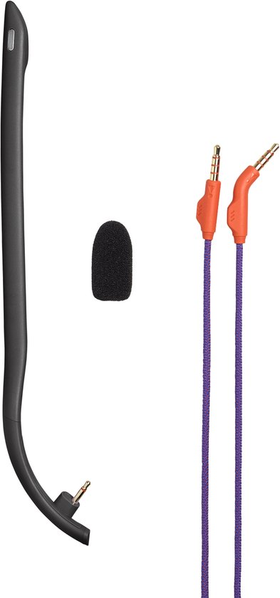 Zwarte microfoonarm, een zwart microfoonkapje en een dubbele kabel met oranje en paarse 3.5mm jack connectoren.