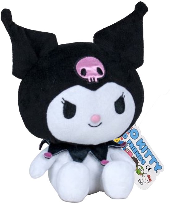 Zwarte pluche Kuromi met roze schedel op voorhoofd, witte buik en vleugels.