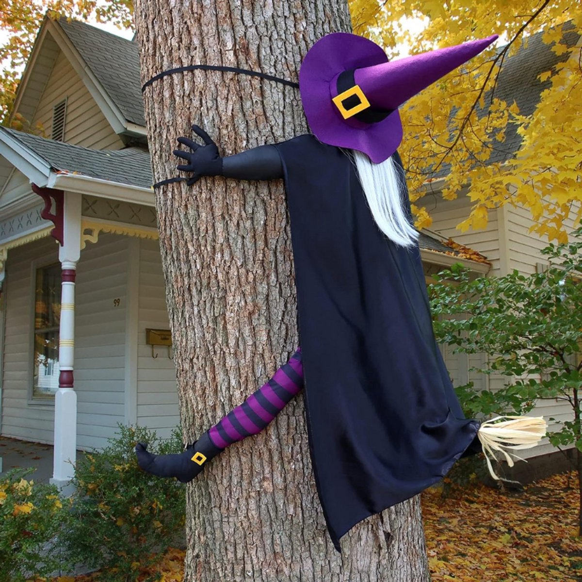 Grote Halloween Decoratie 145 Cm - Hangende Vliegende Heks Die Boom Raakt - Griezelige Outdoor Halloween Versiering Voor Tuin-Veranda-Deur-En Hek