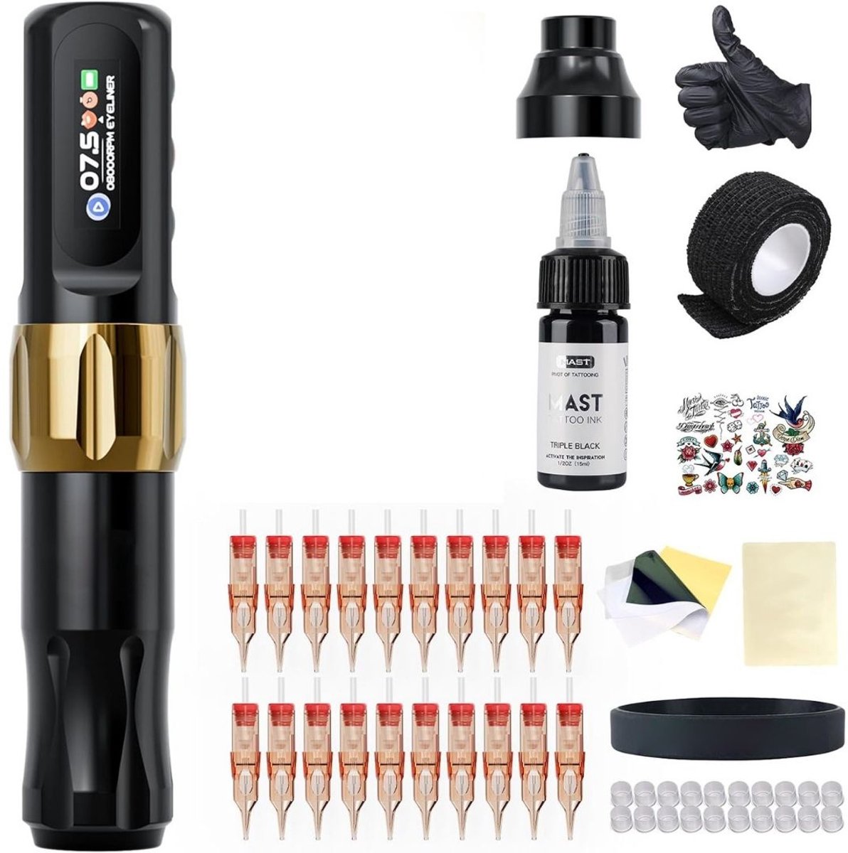DailySupplies® Tattoo Machine met Accessoires - Tattoo kit Draadloos - Complete Set - Zwart en Goud