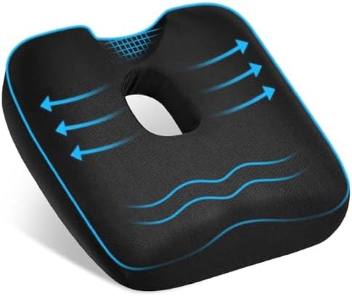 Ergonomisch Geheugenschuim Zitkussen met U-Vorm en Hol Gat - Comfortabele Zitring voor Bureaustoel, Auto, Rolstoel - Huidvriendelijk en Ademend - Zwart