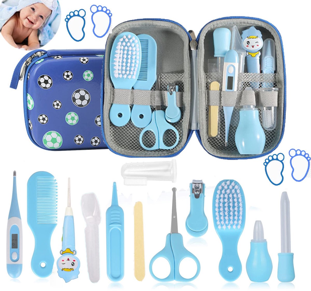 13-teiliges Babypflege-Set – Nagelknipser, Schere, Bürste, Kamm, Thermometer & Nasensauger, Sicheres BPA-freies Material, Tragbar, Perfektes Geschenk für Neugeborene