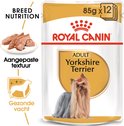 Royal Canin Yorkshire Terrier Adult 85g x12. Paté met stukjes. Yorkshire Terriër met rode strik.