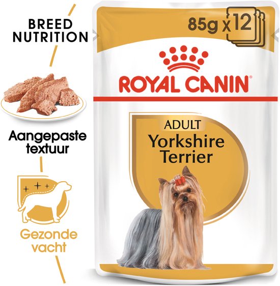 Royal Canin Yorkshire Terrier Adult 85g x12. Paté met stukjes. Yorkshire Terriër met rode strik.