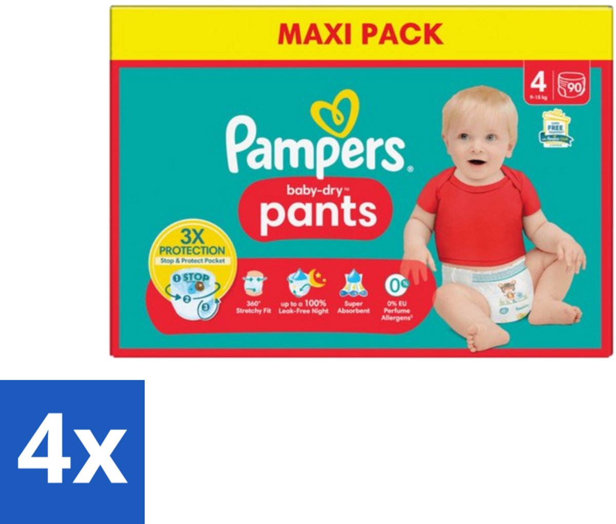 4 x Pampers - Baby-Dry Pants - Luierbroekjes - Maat 4 (9-15 kg) - Extra Droog - 90 Luiers - Pampers Baby-Dry - Luierbroekjes - Babyluiers - Luiermaat 4 - 9-15 Kg
