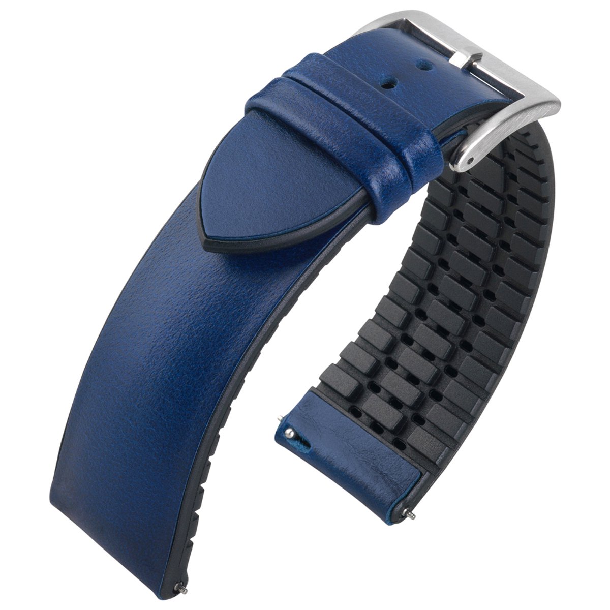 Blauw Leer op Zwart Rubberen Horlogeband - Makkelijk Zelf te Verwisselen - 20mm