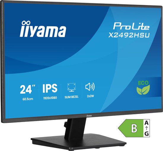 Zwarte iiyama ProLite X2492HSU monitor, met 'ECO' logo en energielabel B.